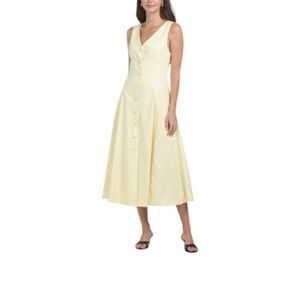 100% Cotton Button Down Midi Dress in Lemon, Buttery-Yellow Color - BRAND NEW